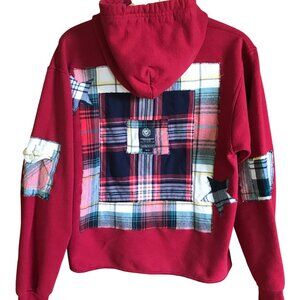 Upcycled Patchwork Hoodie, Red Plaid, Star Appliqués, Grunge Style, Size Medium